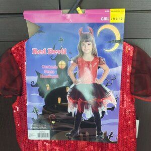 Kids Deluxe Red Devil Costume With Headband - Size  Large 10-12 NWT
